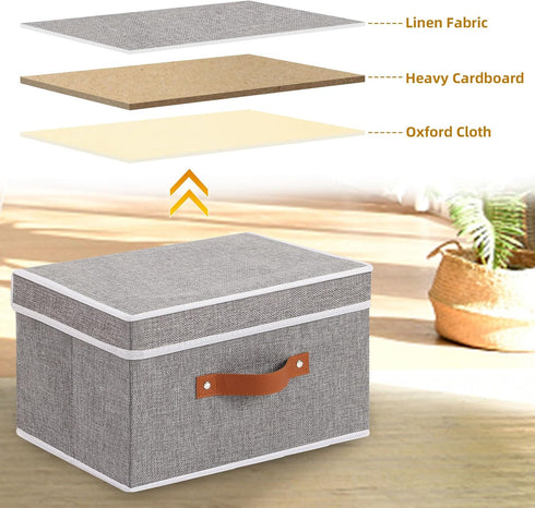 Fabric Storage Bins with Lids, Linen Foldable Storage Boxes, Closet Storage Organizer Containers with Handles, Grey,