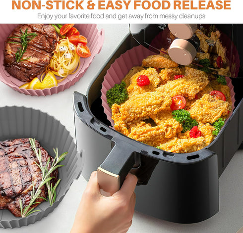 ME.FAN Air Fryer Silicone Liners, 2 Pack for 4 to 7 QT, Reusable Basket with Handles & Holes, Rose Pink & Light Grey