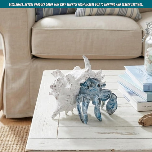 Coastal Hermit Crab Decor Blue Nautical Beach Figurine with Shell for Shelf, Bathroom, Living Room, or Beach House