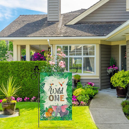 Wild One Garden Flag 12 x 18 Inch Double Sided, Happy 1st Birthday Zoo Theme Outdoor Banner for Party Decor