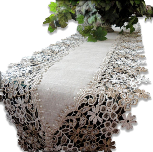 Sophisticated Floral Lace Dresser Scarf | 65" Neutral Earth Tones or Mantel Scarf