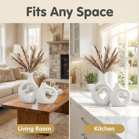Set 2, 8.5in White Heart Shaped Hollow Ceramic Vase of Modern Nordic Boho Style Vases Home Decor for Table Centerpiece