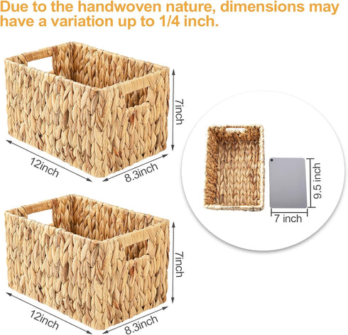 ELONG HOME 2 Pack Water Hyacinth Wicker Baskets, Rectangular 12" Woven Storage Baskets with Handles for Shelves