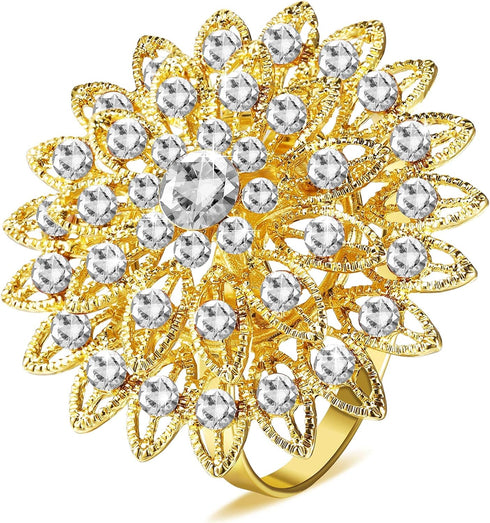 Geiserailie 6 Pcs Gold Flower Napkin Rings, Alloy Floral Crystal Rhinestone Holders for Wedding, Holiday Table