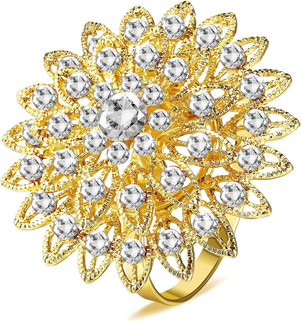 Geiserailie 6 Pcs Gold Flower Napkin Rings, Alloy Floral Crystal Rhinestone Holders for Wedding, Holiday Table