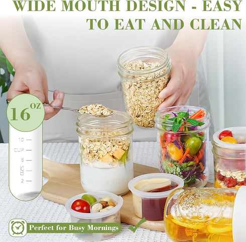 Miuyhji 2-Pack 16 oz Overnight Oats Containers with Lids, Glass Mason Jars with Lids, Folding Spoons and Separated