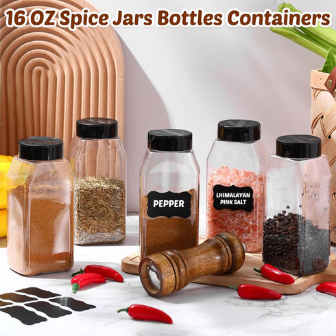 28 Pack 16 oz Mifoci Plastic Spice Jars with Cap Square Plastic Bottle Containers with Shaker Lids and Stickers Large