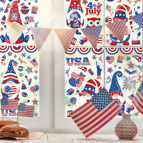 138Pcs Patriotic Window Clings, 4th of July Gnome American Flag Firework Decals, Red Blue Star Stripe Double-Sided PVC