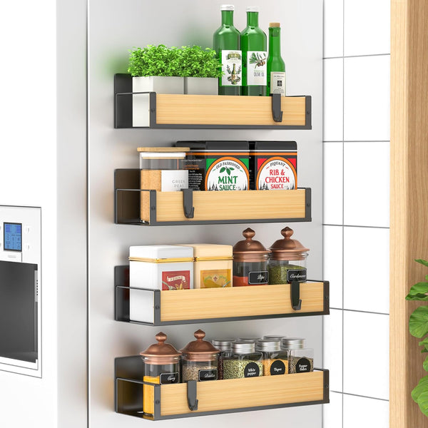HuggieGems 4 Pack Magnetic Spice Storage Rack Organizer for Refrigerator and Oven, Wood