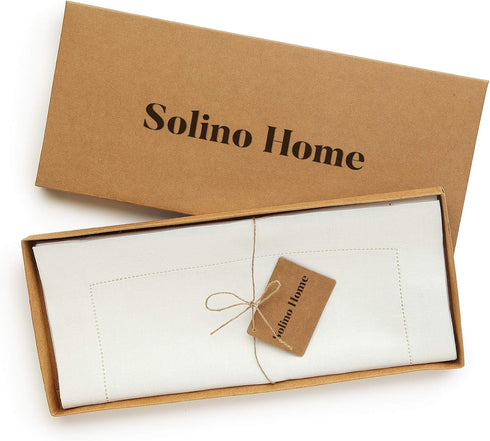 Solino Home Ivory Linen Table Runner - 108 Inches Long - 100% Pure Linen Classic Hemstitch - Machine Washable