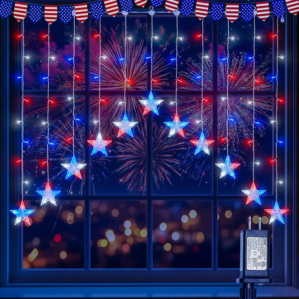 woohaha 4th of July Patriotic Star Icicle Lights,118LED Red White and Blue
