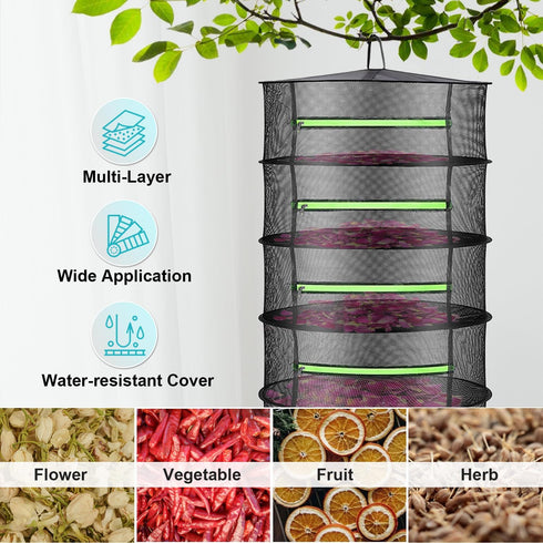 2ft Herb Drying Rack Net Mesh with Green Zippers - 8 Layer Hanging Plant Dry for Garden