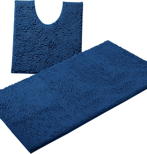 Luxury Blue Bathroom Rugs - 2-Piece Set, Soft Plush Anti-Slip Bath Rug + U-Shaped Toilet Mat, Blue