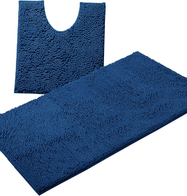 Luxury Blue Bathroom Rugs - 2-Piece Set, Soft Plush Anti-Slip Bath Rug + U-Shaped Toilet Mat, Blue