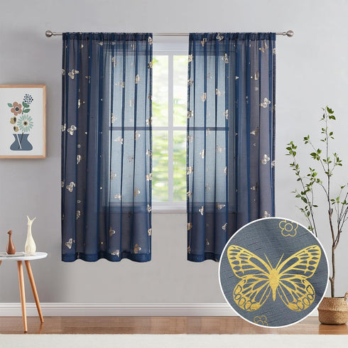 Jubilantex Navy Blue Butterfly Sheer Curtains with Gold Print Pattern, 63 Inch Long, 2 Panels for Kids Nursery Bedroom