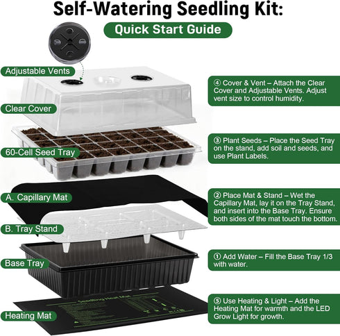 60-Cell DazSpirit Self-Watering Seed Starter Kit with Grow Light and Heat Mat, Seedling Tray with Humidity Dome, Indoor