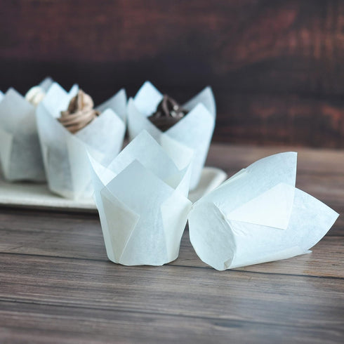 Large White and Brown Tulip Baking Cups, 2-1/4" Base Diameter x 4" Wall Height, Greaseproof Paper, Case of 130 pcs