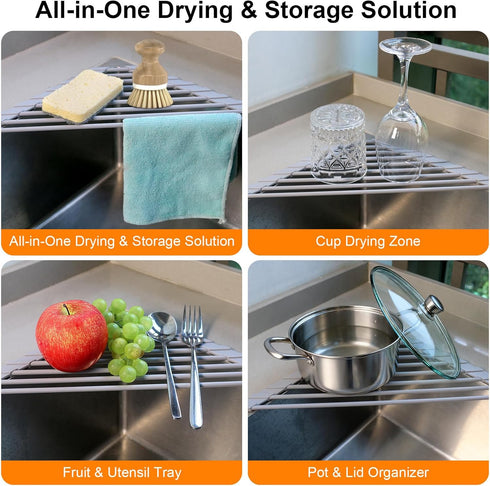 Counter Corner Sink Caddy Kitchen Sink Organizer, Silicone Wrapped Triangle Roll Up Dish Drying Rack Over Sink Drainer