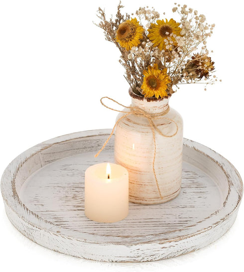 Romadedi Rustic Wooden Tray Candle Holder - Round Wood Decorative Pillar Candle