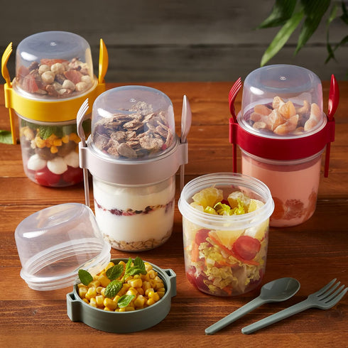 4 Pack 22 oz Crystalia On The Go Yogurt Parfait Cups with Lids & Spoon, Large Breakfast Plastic Bowls with Topping