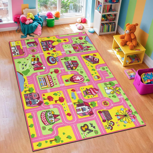 Capslpad Kid Rug for Playroom Pink Play Rug Traffic Road Car Play