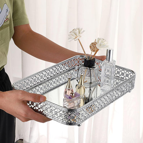 ELLDOO Mirror Tray, Hollow-Carved Jewelry Tray for Vanity, Glass Metal Trinket Storage Organizer for Bathroom