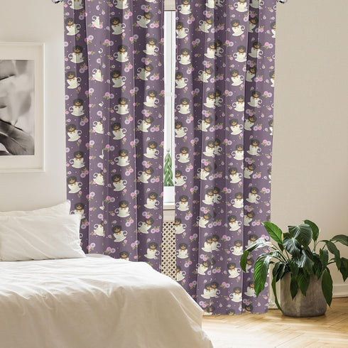 Ambesonne Tea Party Window Curtains, Dachshund Dogs in Cups and Wildflowers Graphic, 2-Panel Set, 28" x 95"