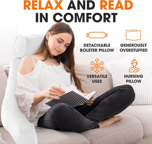Cheer Collection Reading Pillow Chair - Chair Pillow with Arms and Detachable Neck Bolster for Bed & Couch - Machine