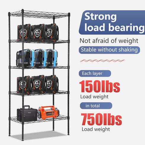 FDW 5 Tier Pantry Shelves, Adjustable Storage Rack Metal Shelf NSF Units for Kitchen, Garage, Small Places, Black