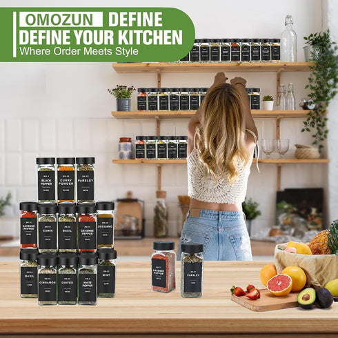OMOZUN 24pcs 4oz 304 Spice Jars with Label, Glass Spice Jars with Black Lids, Square Spice Containers with Labels