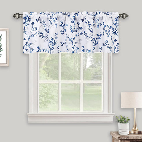 Navy Blue Valance for Windows, Watercolor Botanical Flowers Leaves Printed, Rod Pocket Window Treatments Navy and White Valances for Kitchen Cafe Living Bathroom 52 Inch by 14 Inch, Navy