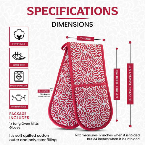 Christmas Red Holiday Double Oven Mitts Gloves | Extra Long & Thick, Heat Resistant | Quilted 1 Piece Oven Gloves |