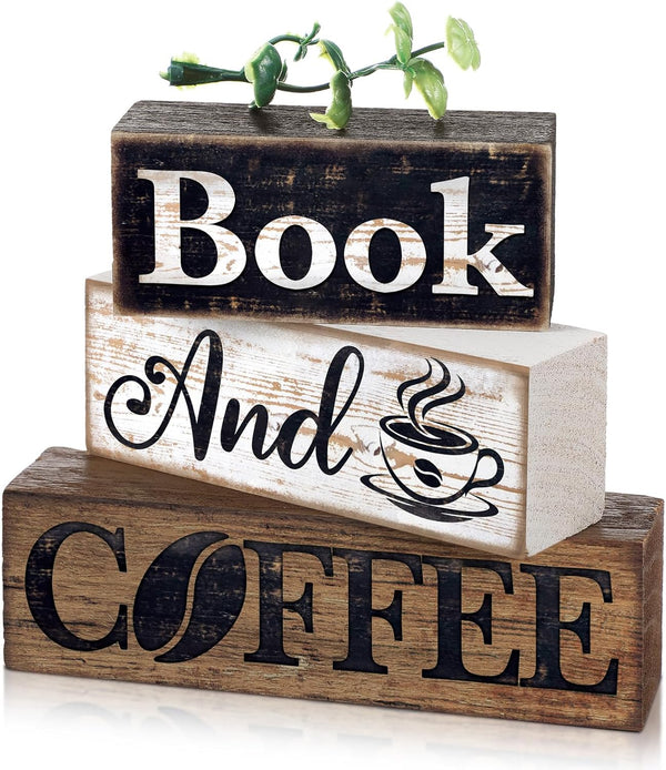 Moucuny 4 Pcs Farmhouse Table Decor Rustic Wooden "book and Coffee" Stacked Block