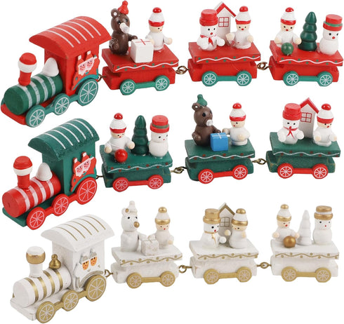 Happy Trees 3 Pack Christmas Decorations Indoor - Wooden Train Set Xmas