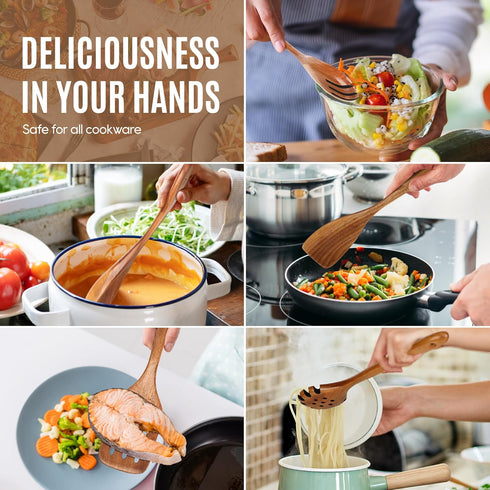 5 PCS Wooden Cooking Spoons, Natural Teak Kitchen Utensils, Smooth Non-Stick Surface, Soft Comfort-Grip