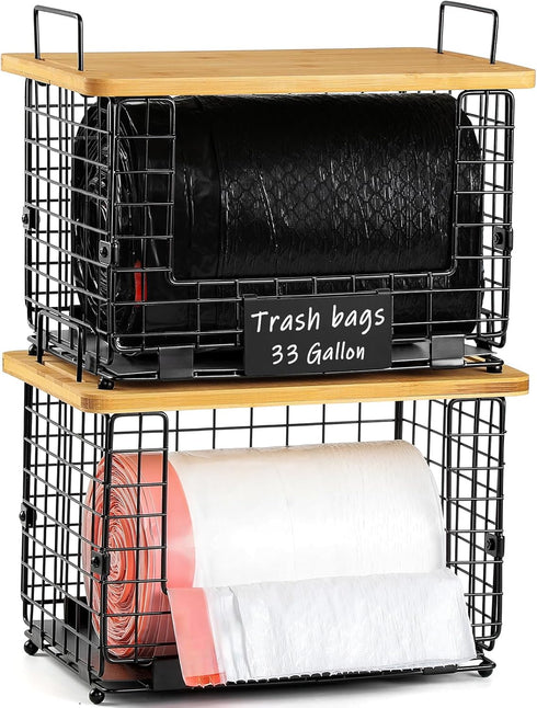 1 Pack Stackable Storage Trash Bag Baskets with Bamboo Top, Large &