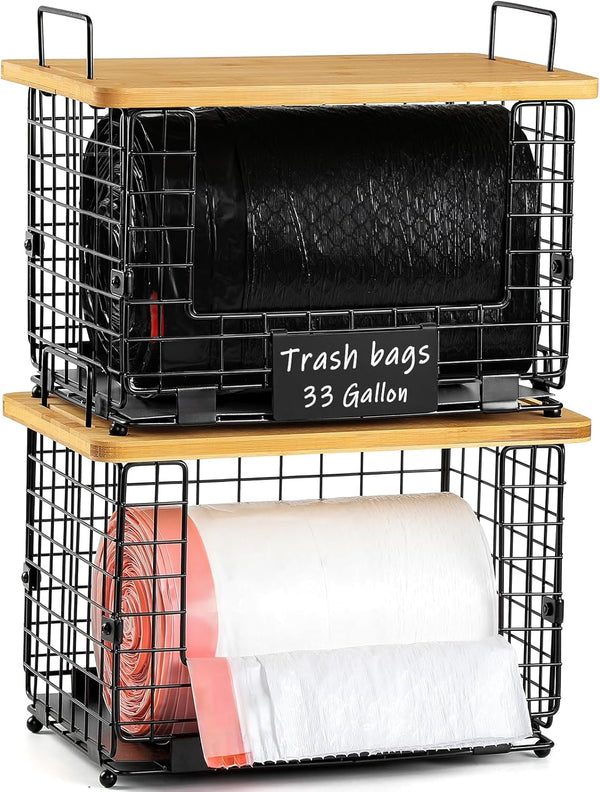 1 Pack Stackable Storage Trash Bag Baskets with Bamboo Top, Large &