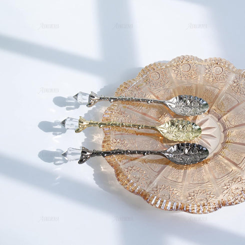 AUEAR Retro Crystal Antique Alloy Spoon Set, 5 Pack Mini Coffee Tea Dessert Spoons for Home Office