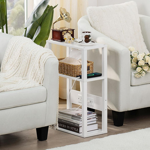 3-Tier YUFAM Small Narrow Wood Side Table with Charging Station, Skinny Nightstand for Small Space, Slim Bedside Table
