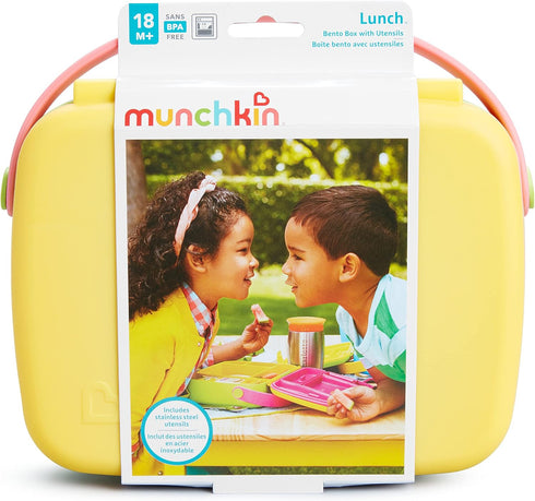 Munchkin Lunch Bento Box for Kids - Includes Stainless Steel Utensils, BPA-Free, Pink/Green/Yellow, 18 Months and Up