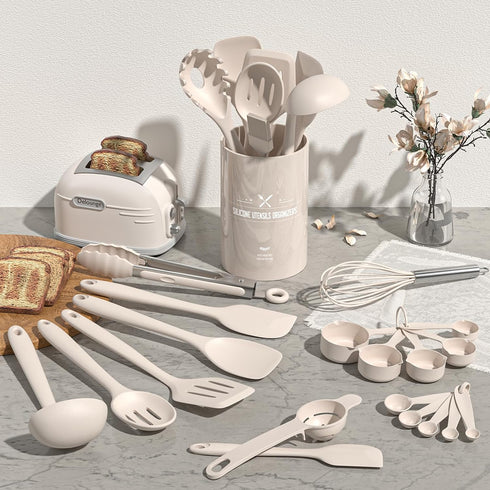 Silicone Kitchen Cooking Utensils Set, Umite Chef 22Pcs Heat Resistant Kitchen Utensils, Spatula, Spoon, Whisk, Dishwasher Safe Kitchen Utensil Gadgets Tools Set for Nonstick Cookware(Khaki) by Umite Chef