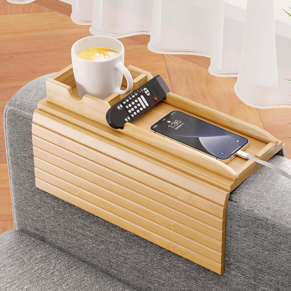 Bamboo Sofa Armrest Tray, Couch Arm Tray with Detachable Cup Holder and Anti-Slip Foldable Table Tray