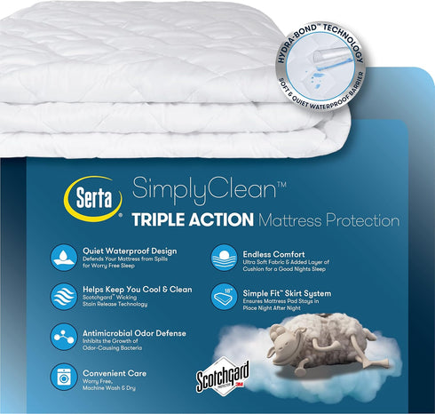 Serta Simply Clean Triple Action Mattress Pad, Waterproof Mattress Pad, Ultra Soft and Stain-Resistant Mattress Pad