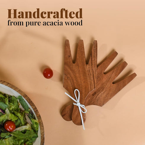 Folkulture Set of 2 Acacia Wood Salad Hands, Salad Tongs for Serving Salad Mixes, Pasta, Fruit (Natural)