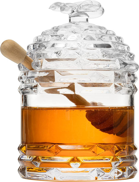 Crystal Bee Honey Dish Jar with Dipper and Lid Elegant Glass Beehive