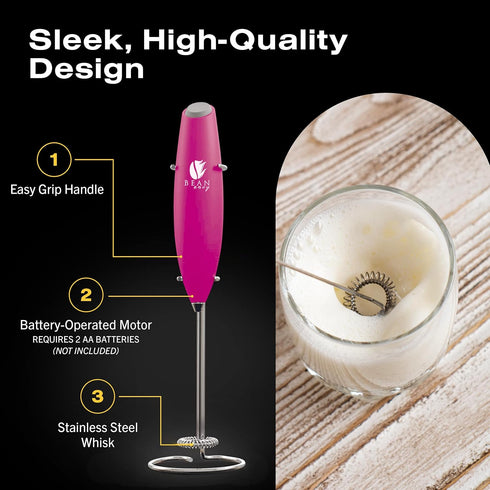 Bean Envy Handheld Milk Frother for Coffee, Electric Blender & Whisk with Stand for Lattes, Cappuccino, Raspberry