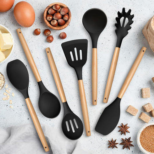 TeamFar Cooking Utensils Set of 7, Silicone Kitchen Tools with Wooden Handles, Heatproof for Non-stick Cookware