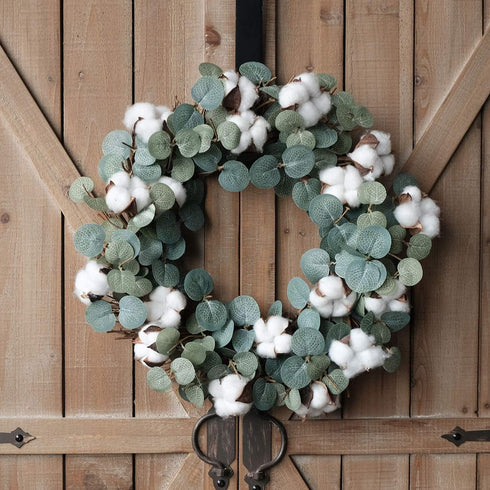 Idyllic Eucalyptus and Cotton Wreath, 14 Inches Artificial Decor for Farmhouse, Garden, Wedding, Natural Twig Base