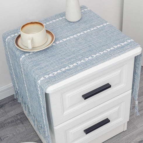 Farmhouse Rustic Blue Table Runner with Tassels Boho Linen Style Braided Striped