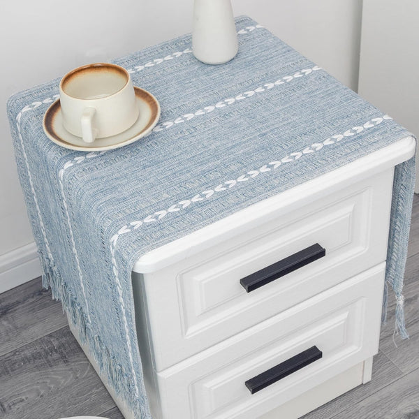 Farmhouse Rustic Blue Table Runner with Tassels Boho Linen Style Braided Striped
